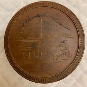 Vintage Japanese Hand-Carved Wooded Trinket/Container W/Lid Mt Fuji,Temple